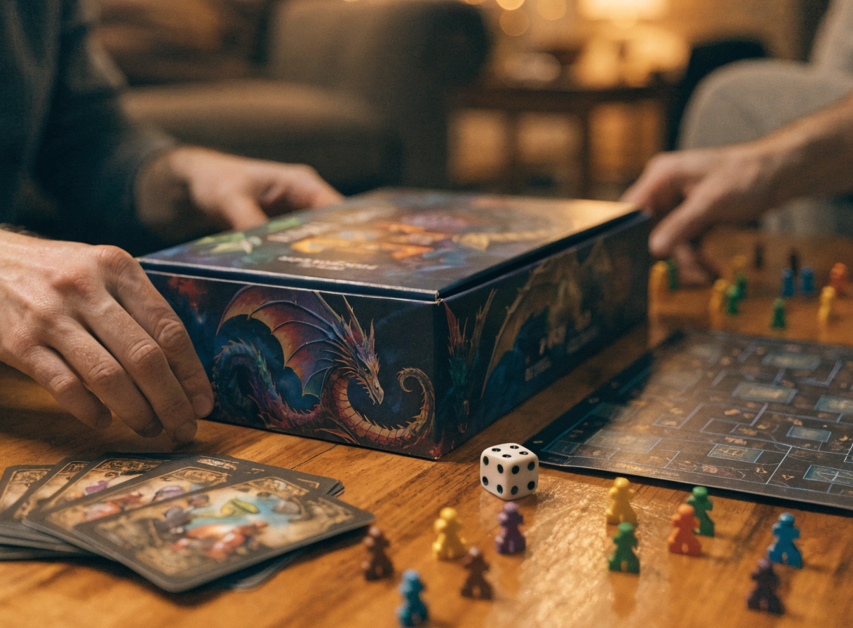 A fantasy board game with dragon cover artwork being placed on a wooden table by two players, with game cards, dice, and meeples in the foreground