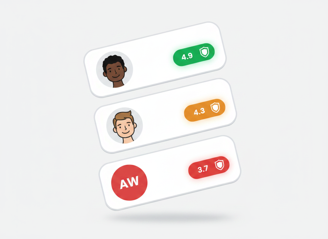 Three attendee cards showing Trust Score ratings — 4.9, 4.3, and 3.7 — each with a shield icon
